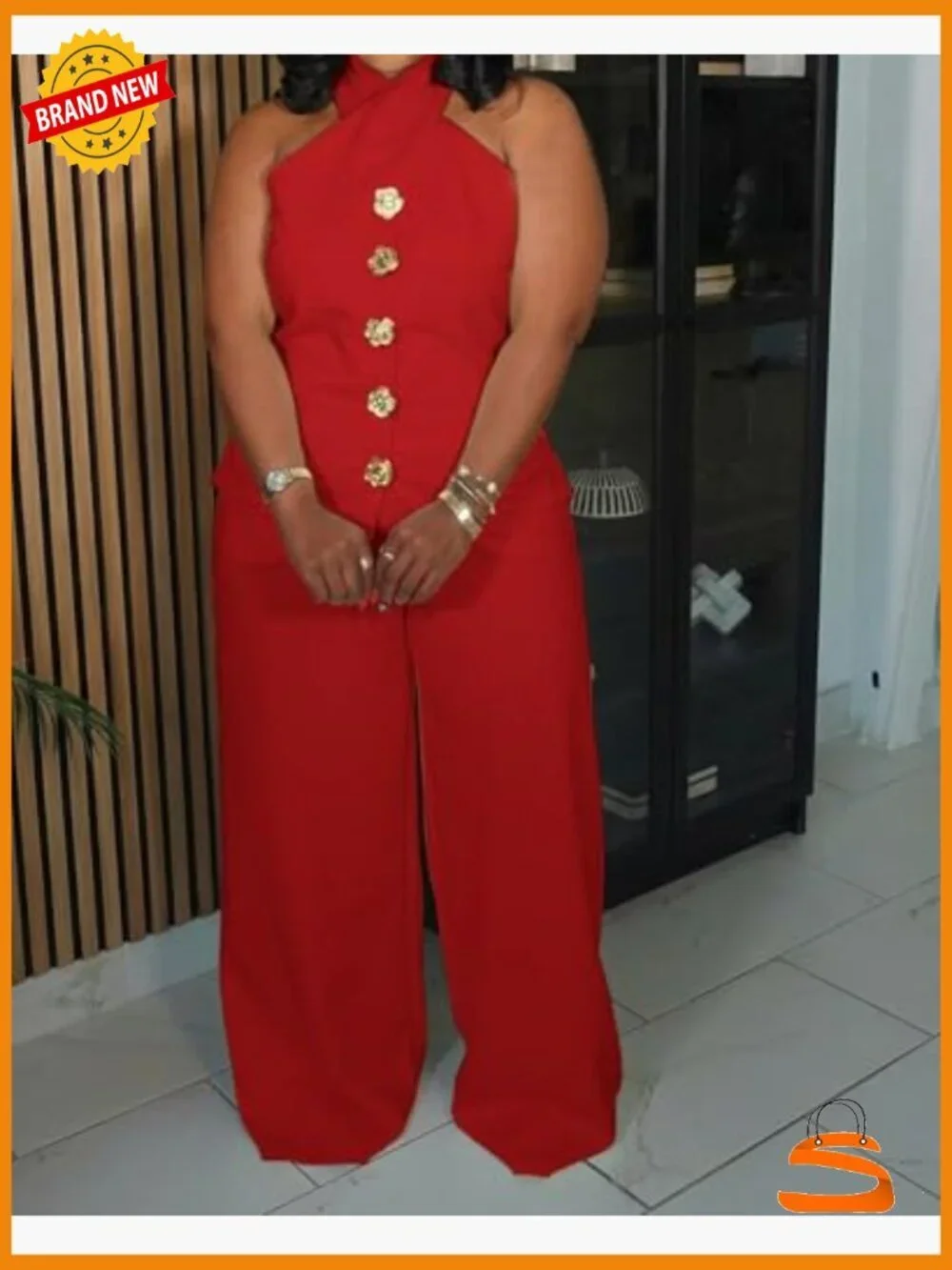 Plus Size Two Piece Suit Set Halter Vest Wide Leg Pants Business Casual